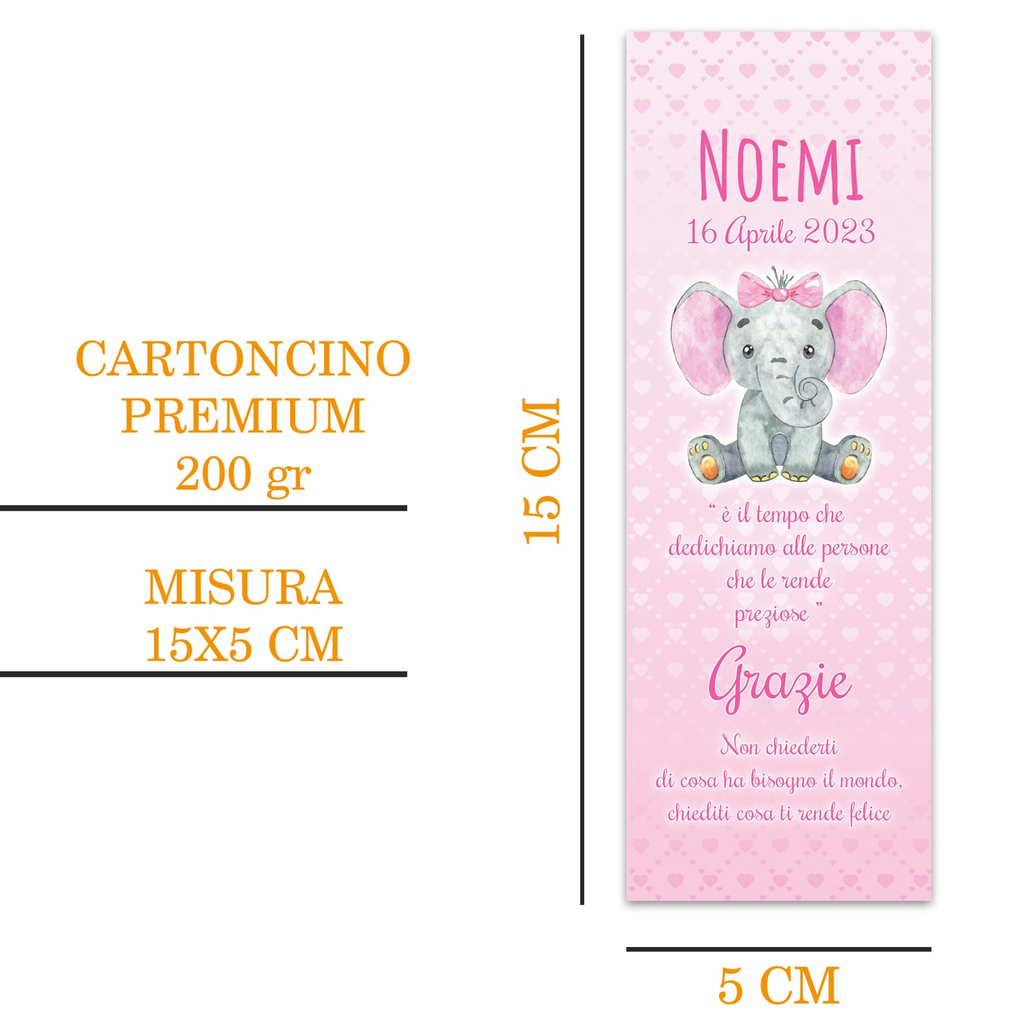 Segnaposto Battesimo Personalizzato in Cartoncino Martellato 15x5 | Elefantino 24