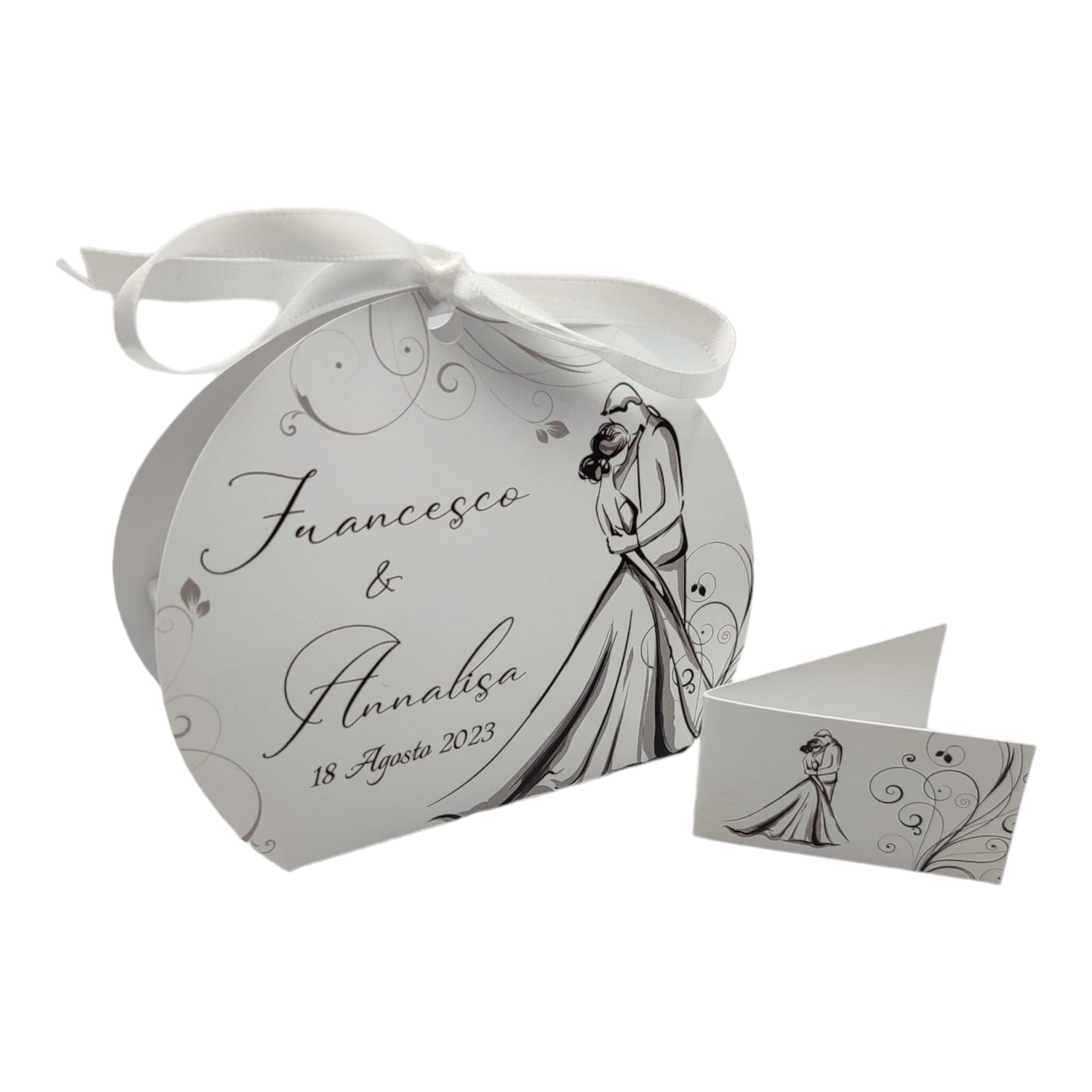 Pz 24+24 | Scatola Portaconfetti personalizzata con nome e data n. 24 scatole confetti + 24 Bigliettini Bomboniera, nastrino per chiusura incluso | Matrimonio 03