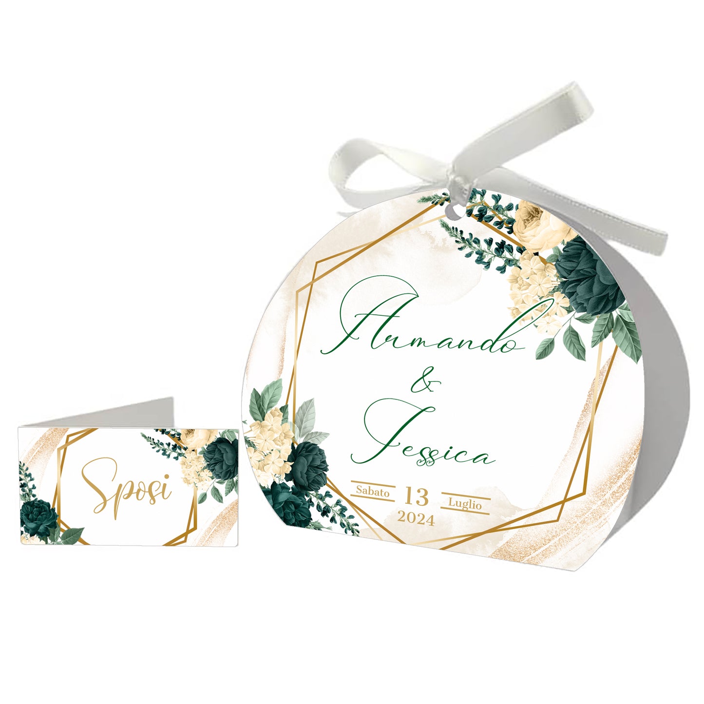 Pz 24+24 | Scatola Portaconfetti personalizzata con nome e data n. 24 scatole confetti + 24 Bigliettini Bomboniera, nastrino per chiusura incluso | Matrimonio 15