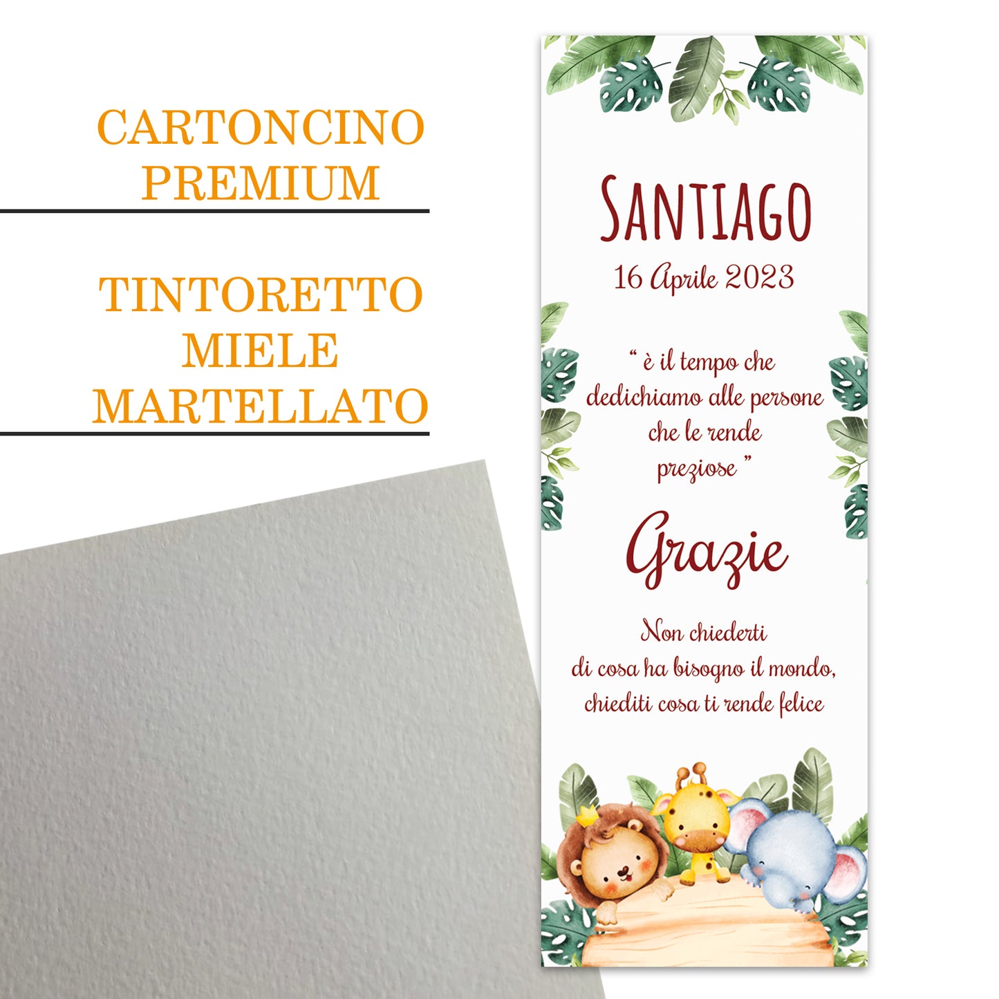 Segnaposto Battesimo Personalizzato in Cartoncino Martellato 15x5 | Safari 26