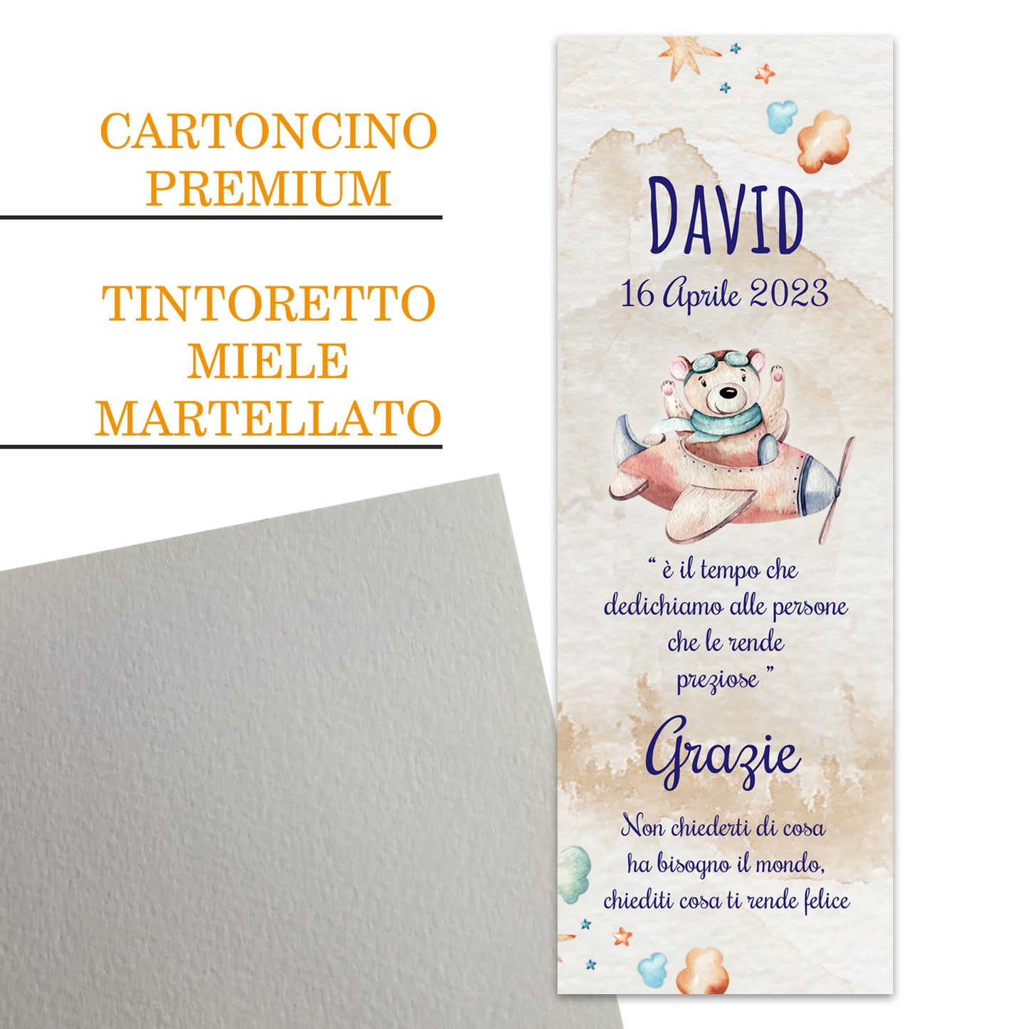 Segnaposto Battesimo Personalizzato in Cartoncino Martellato 15x5 | Aereo 27