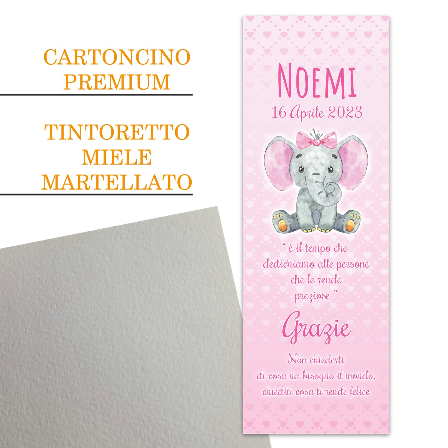 Segnaposto Battesimo Personalizzato in Cartoncino Martellato 15x5 | Elefantino 24