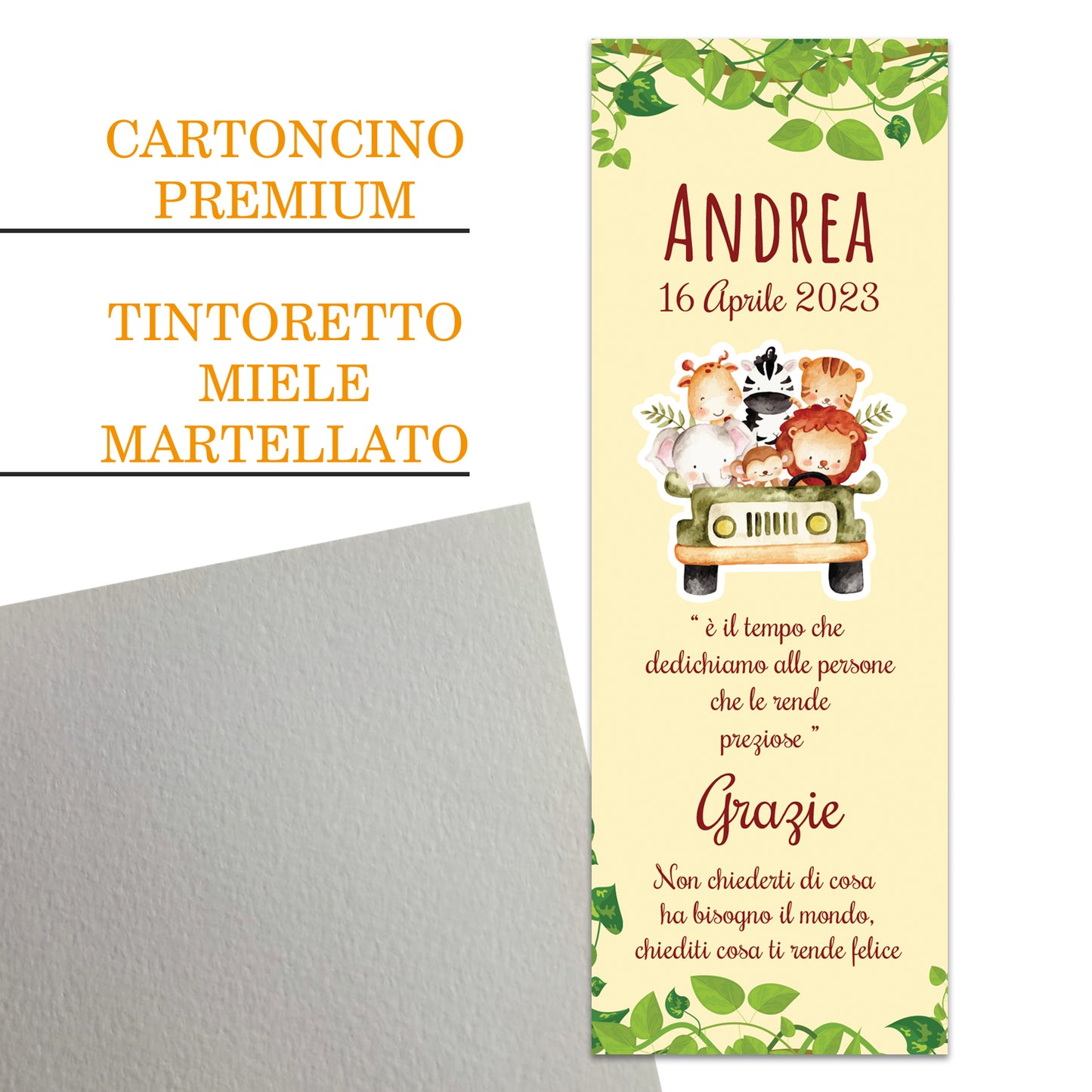 Segnaposto Battesimo Personalizzato in Cartoncino Martellato 15x5 | Safari 10
