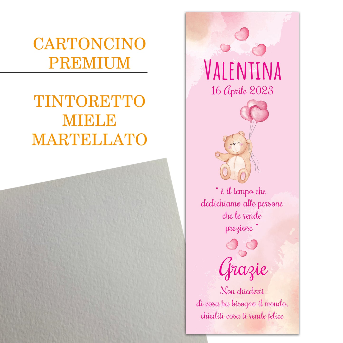 Segnaposto Battesimo Personalizzato in Cartoncino Martellato 15x5 | Orsetto Bimba 09