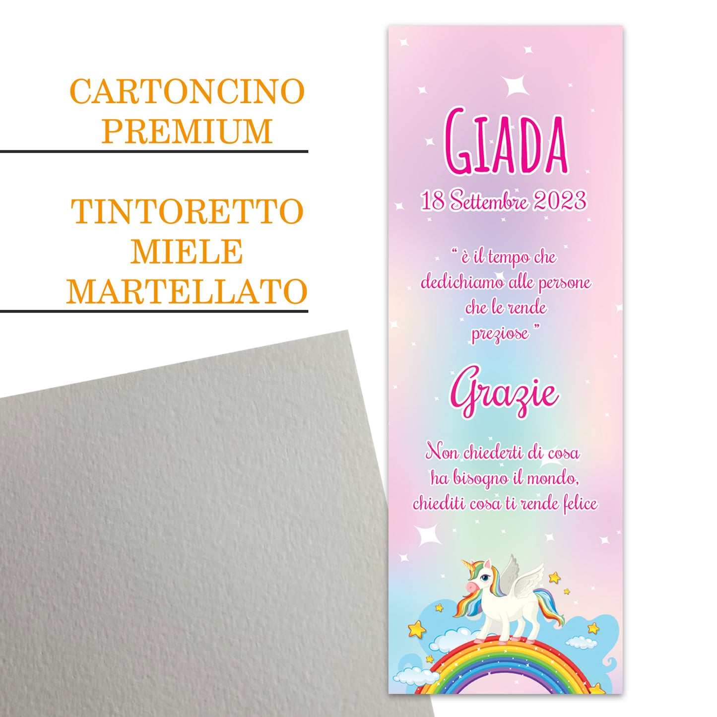 Segnaposto Battesimo Personalizzato in Cartoncino Martellato 15x5 | Unicorno 29