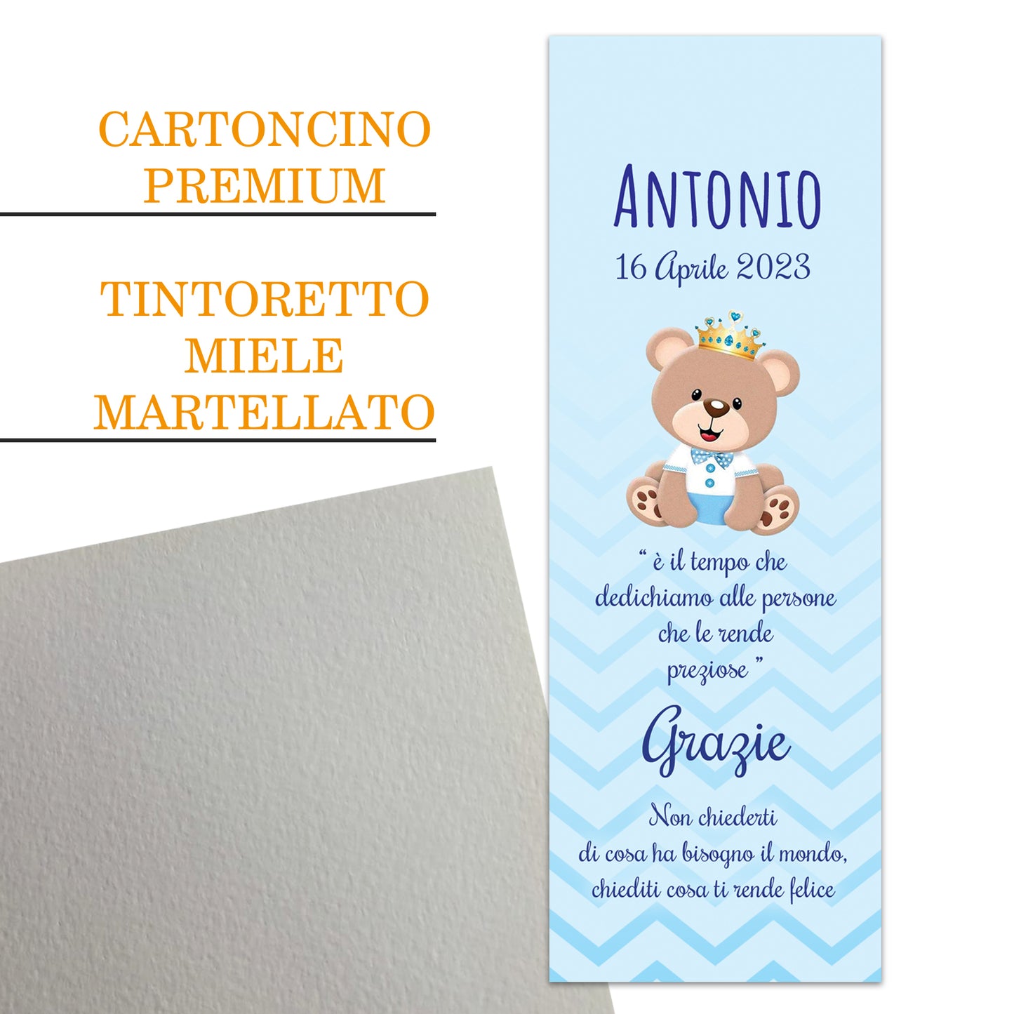 Segnaposto Battesimo Personalizzato in Cartoncino Martellato 15x5 | Orsetto Bimbo 08