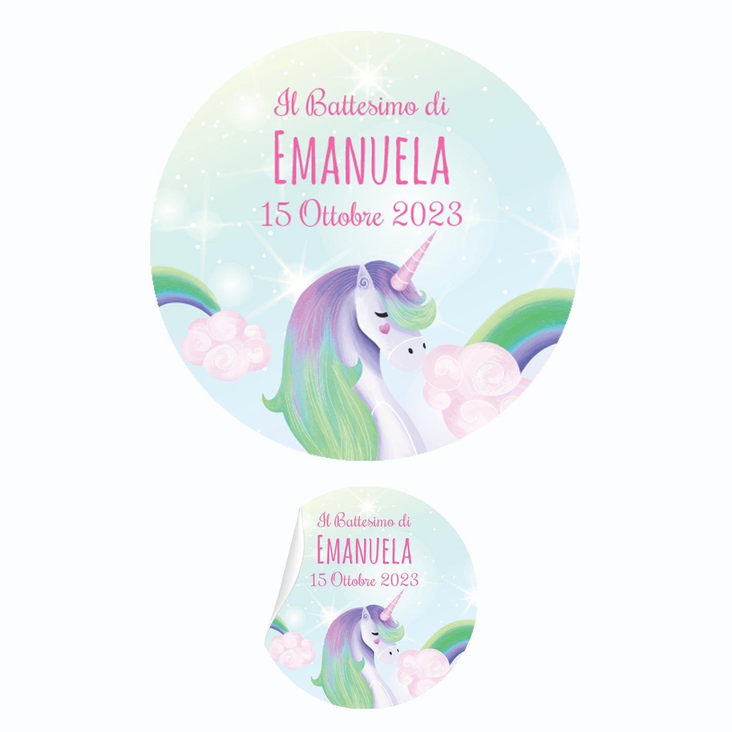 Tag Adesivi Personalizzati, Etichette Adesive per Battesimo e Nascita personalizzati Scegli la tua Misura e Personalizza (Unicorno 1)