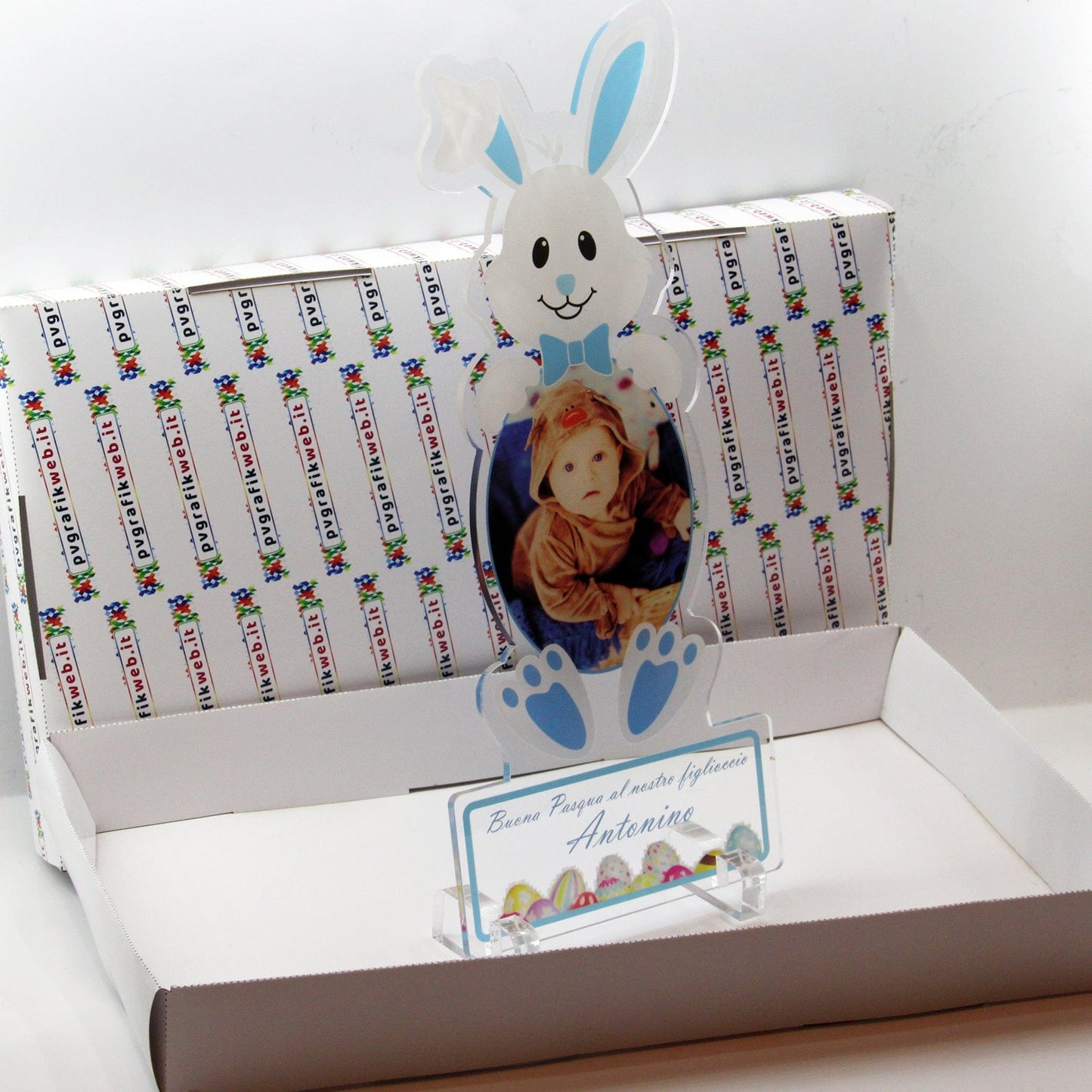 PVGRAFIKWEB Quadro in plexiglass Forma coniglio personalizzato con foto e dedica | trasparente/blu