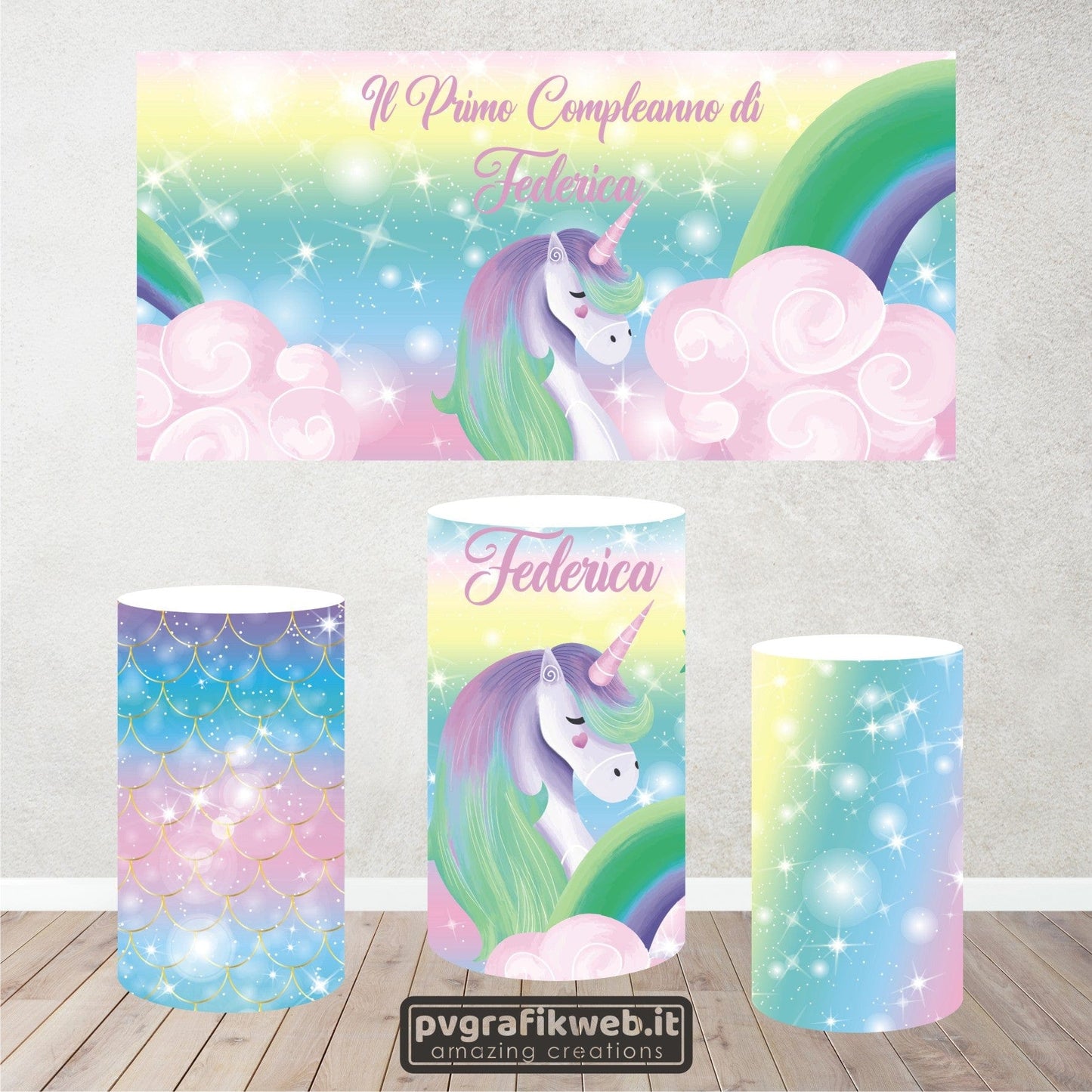 PVGRAFIKWEB RIVESTIMENTO CILINDRI IN POLISTIROLO DA PERSONALIZZARE TEMA UNICORNO Mod. 1