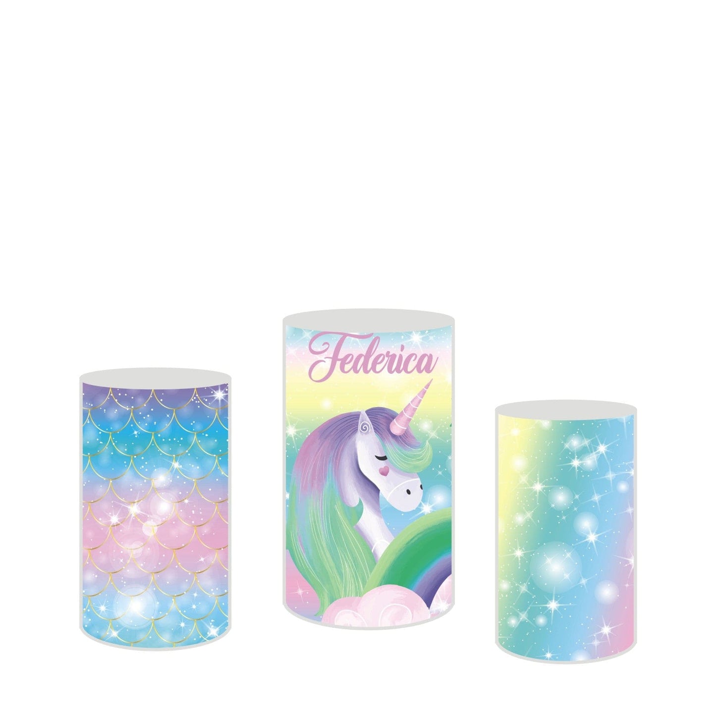 PVGRAFIKWEB RIVESTIMENTO CILINDRI IN POLISTIROLO DA PERSONALIZZARE TEMA UNICORNO Mod. 1