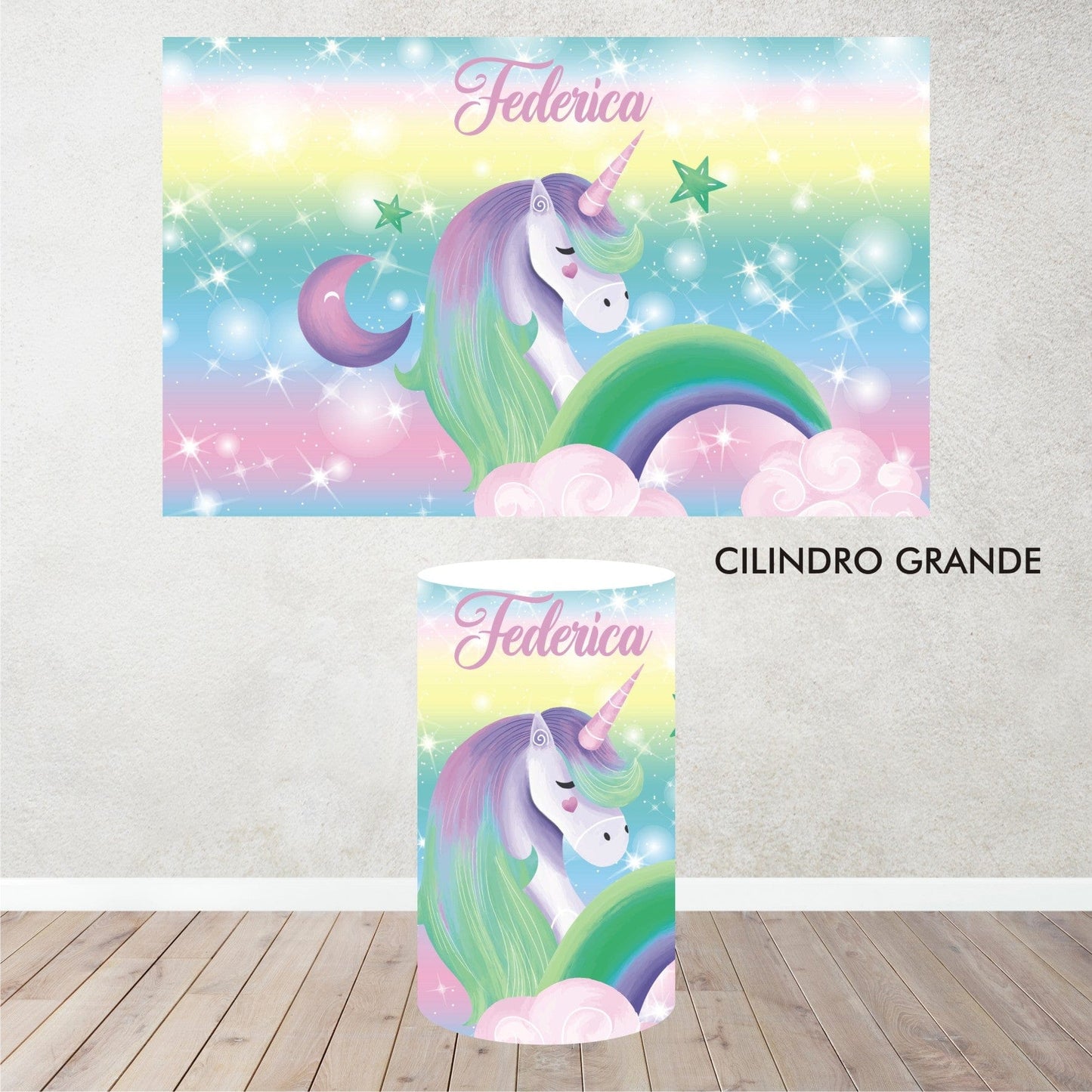 PVGRAFIKWEB RIVESTIMENTO CILINDRI IN POLISTIROLO DA PERSONALIZZARE TEMA UNICORNO Mod. 1