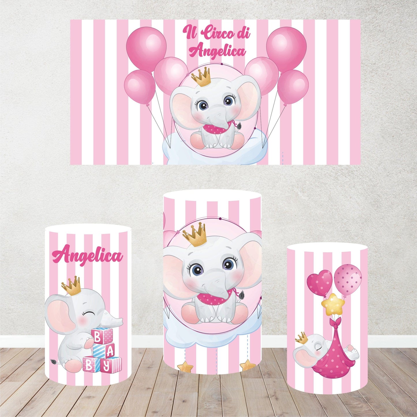 PVGRAFIKWEB SET CILINDRI E POSTER RIVESTIMENTO CILINDRI IN POLISTIROLO DA PERSONALIZZARE TEMA ELEFANTINO BIMBA