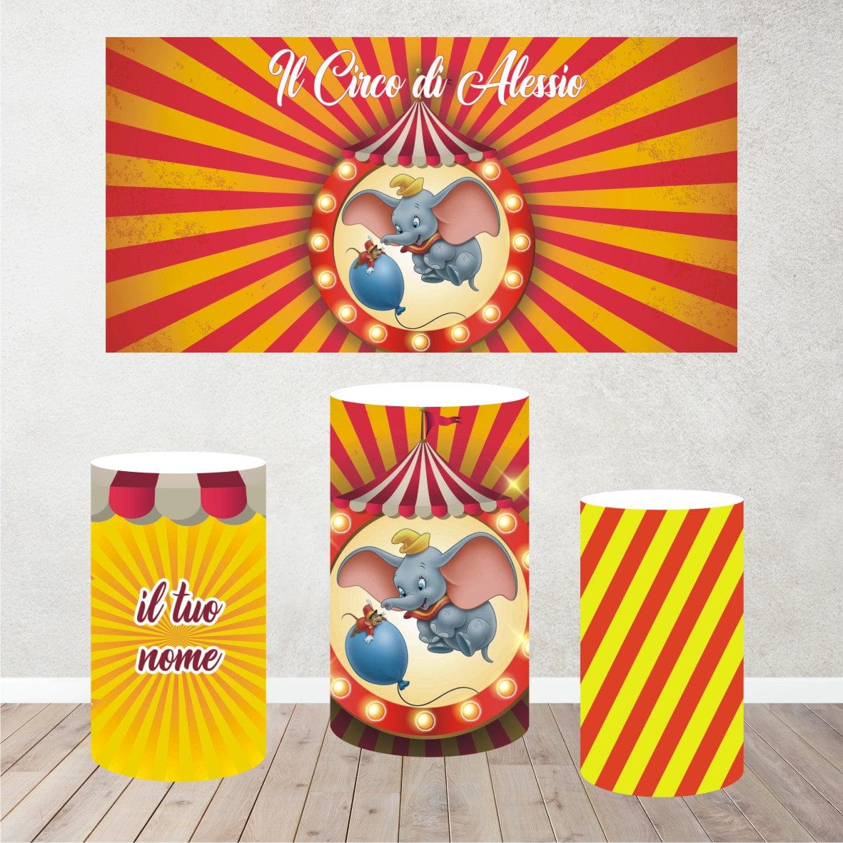 PVGRAFIKWEB SET CILINDRI E POSTER RIVESTIMENTO PER CILINDRI IN POLISTIROLO DA PERSONALIZZARE TEMA CIRCO