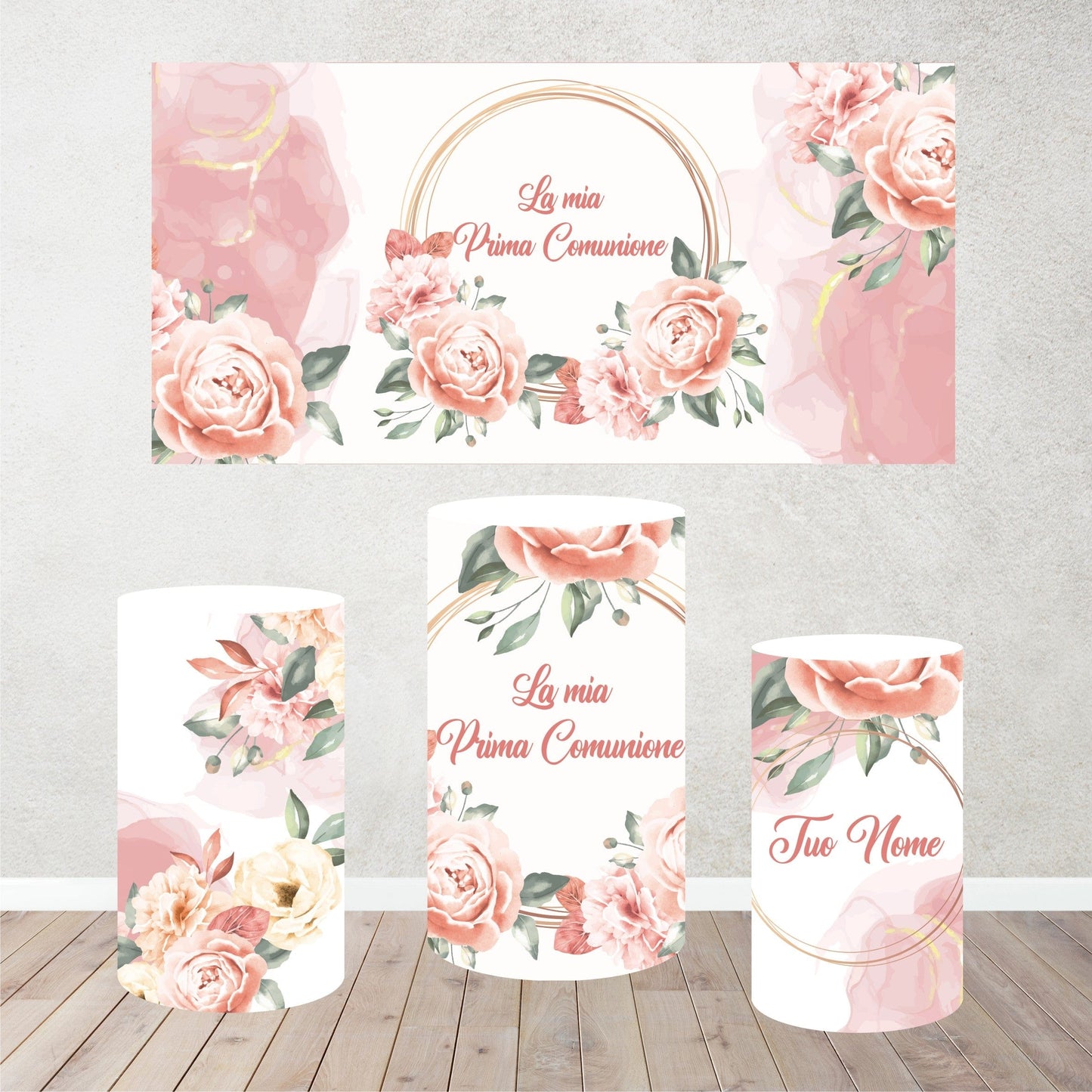 PVGRAFIKWEB SET CILINDRI E POSTER RIVESTIMENTO PER CILINDRI IN POLISTIROLO DA PERSONALIZZARE | TEMA ROSE PRIMA COMUNIONE