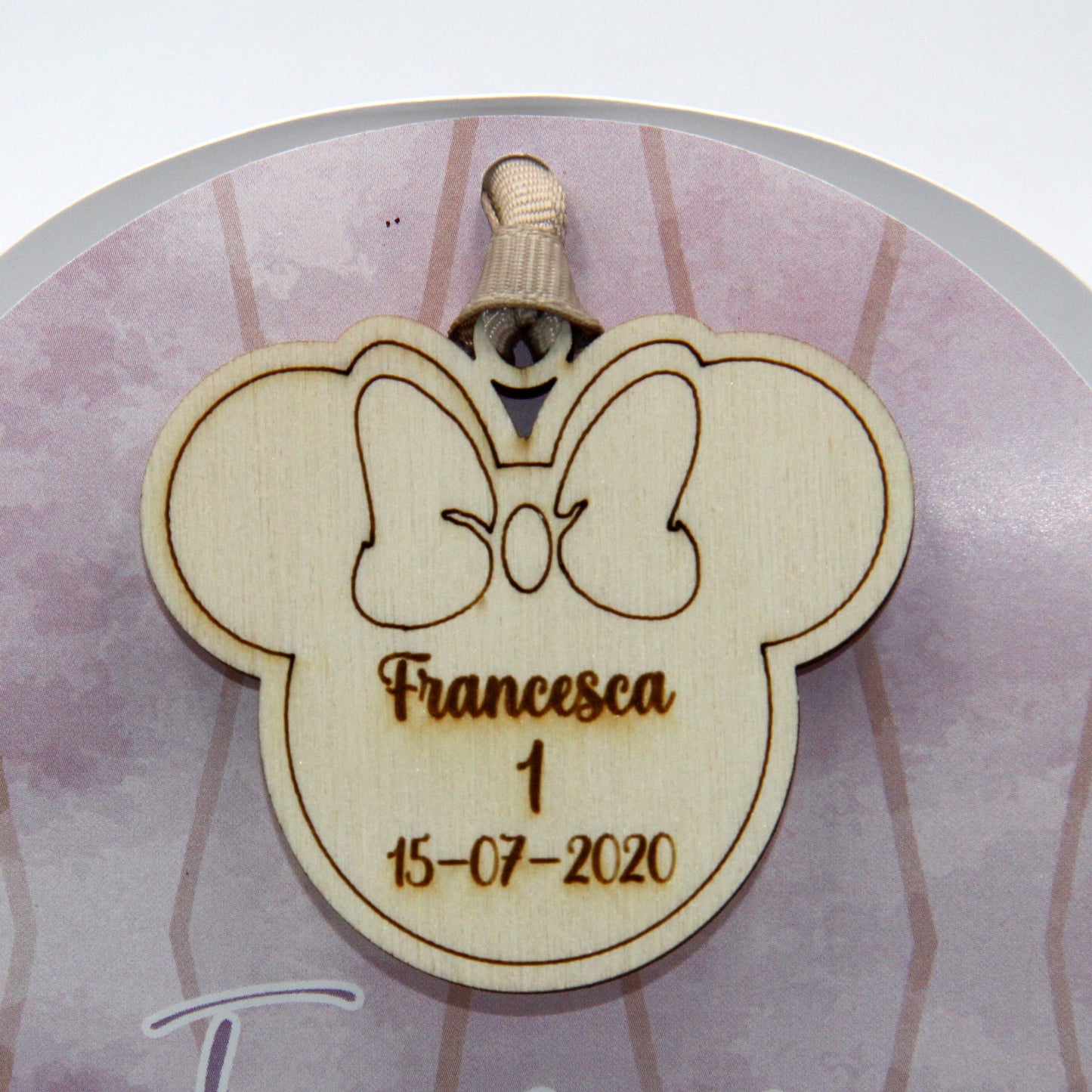 Tag in Legno Personalizzato per Bomboniera, Scatola, Sacchettino | Testa Minnie mod. 1