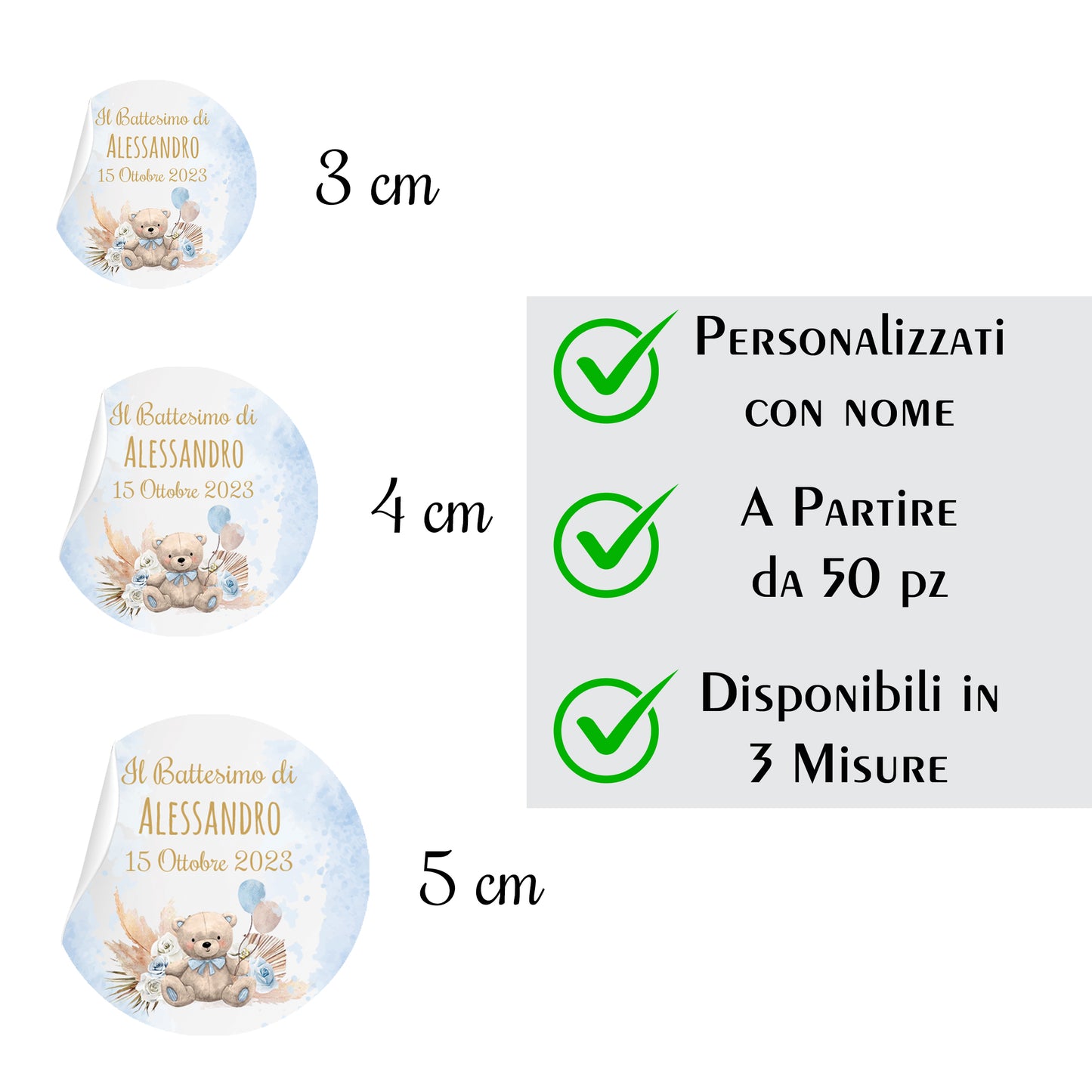 Tag Adesivi Personalizzati, Etichette Adesive per Battesimo e Nascita personalizzati Scegli la tua Misura e Personalizza (Orsetto 35)