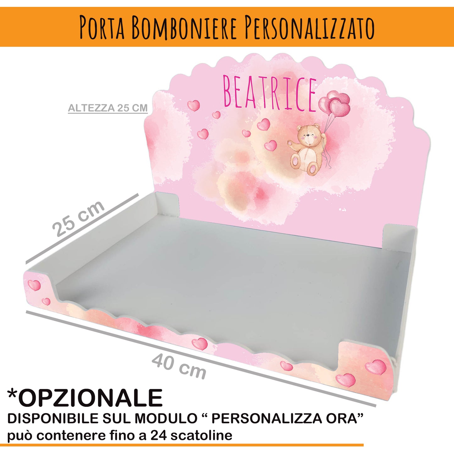 Pz 24+24 | Scatola Portaconfetti personalizzata con nome e data n. 24 scatole confetti + 24 Bigliettini Bomboniera, nastrino per chiusura incluso | Orsetto Bimba 09