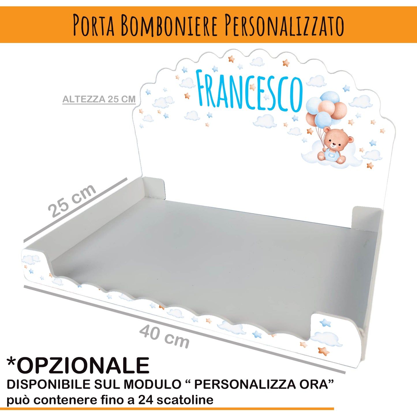 Pz 24+24 | Scatola Portaconfetti personalizzata con nome e data n. 24 scatole confetti + 24 Bigliettini Bomboniera, nastrino per chiusura incluso | Nascita 14