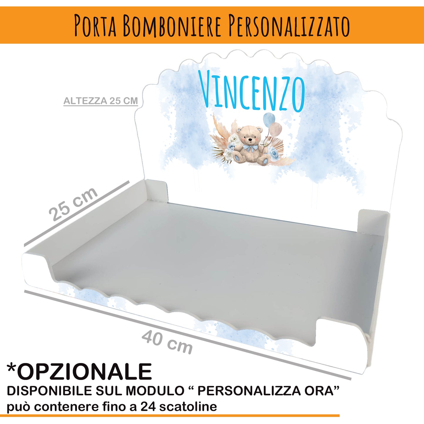 Pz 24+24 | Scatola Portaconfetti personalizzata con nome e data n. 24 scatole confetti + 24 Bigliettini Bomboniera, nastrino per chiusura incluso | Orsetto 35