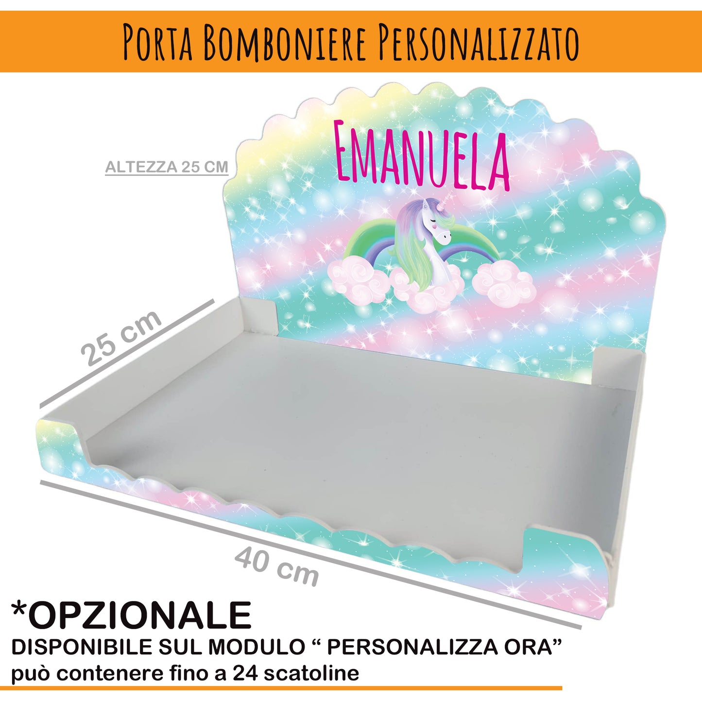 Pz 24+24 | Scatola Portaconfetti personalizzata con nome e data n. 24 scatole confetti + 24 Bigliettini Bomboniera, nastrino per chiusura incluso | Unicorno 01