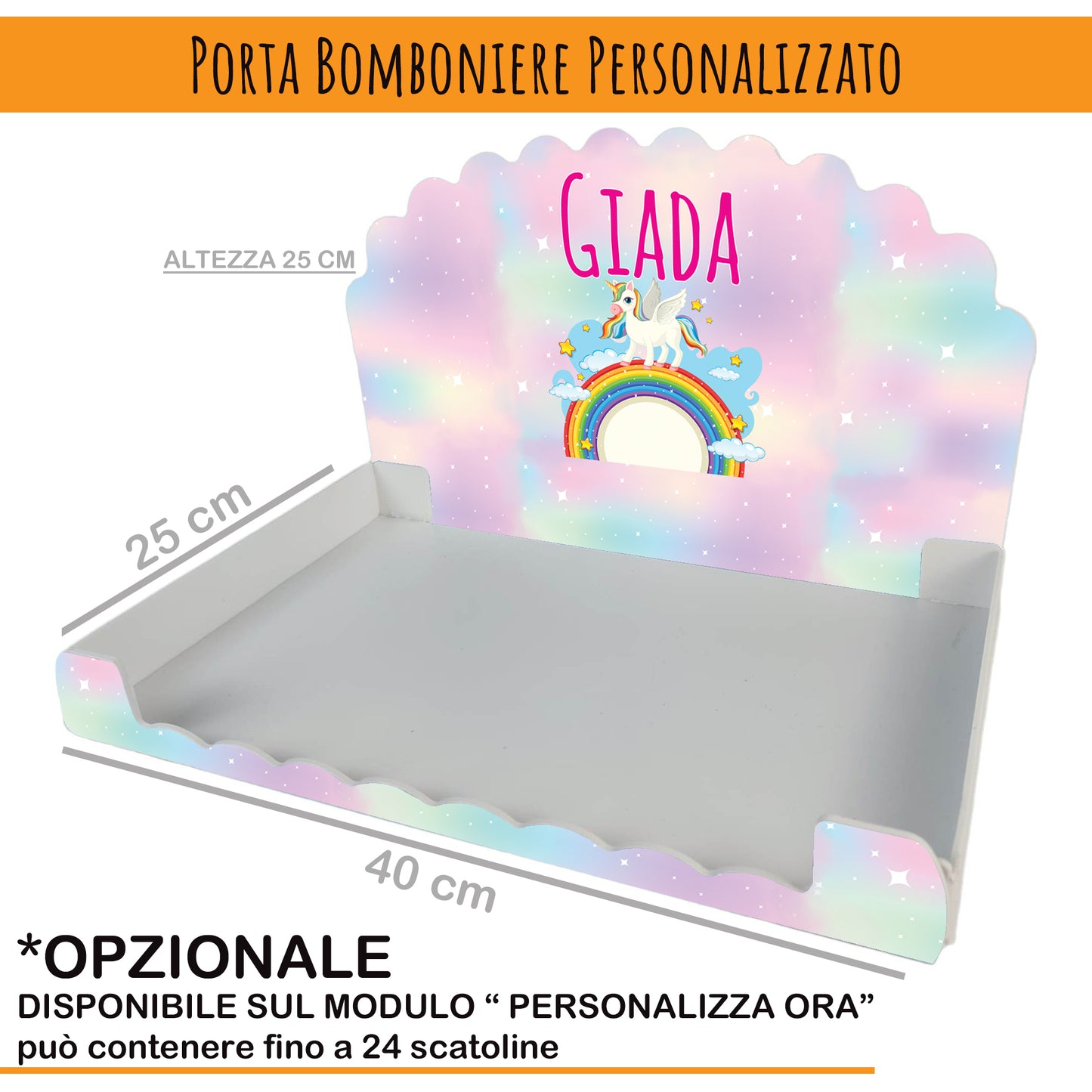 Pz 24+24 | Scatola Portaconfetti personalizzata con nome e data n. 24 scatole confetti + 24 Bigliettini Bomboniera, nastrino per chiusura incluso | Unicorno 39