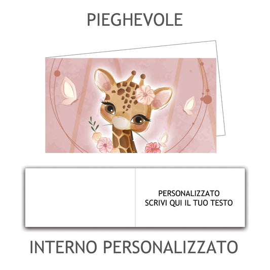 100 Bigliettini Bomboniera Pieghevole Personalizzato, Bigliettino Bomboniera Personalizzato con Nome e Data, tutto incluso, pronti per essere usati (Giraffa 28)