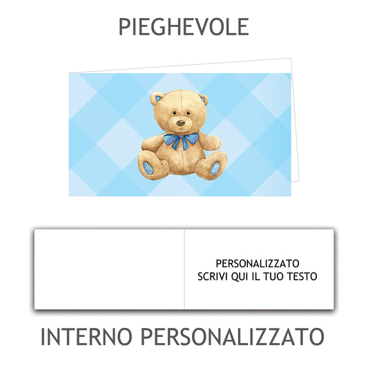 100 Bigliettini Bomboniera Pieghevole Personalizzato, Bigliettino Bomboniera Personalizzato con Nome e Data, tutto incluso, pronti per essere usati (Orsetto Bimbo 1)