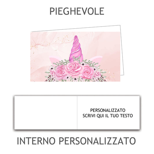 100 Bigliettini Bomboniera Pieghevole Personalizzato, Bigliettino Bomboniera Personalizzato con Nome e Data, tutto incluso, pronti per essere usati (Unicorno 29)