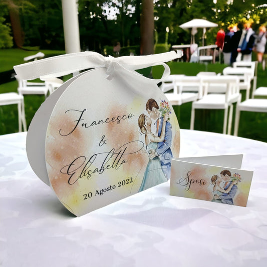 Pz 24+24 | Scatola Portaconfetti personalizzata con nome e data n. 24 scatole confetti + 24 Bigliettini Bomboniera, nastrino per chiusura incluso |Matrimonio 07