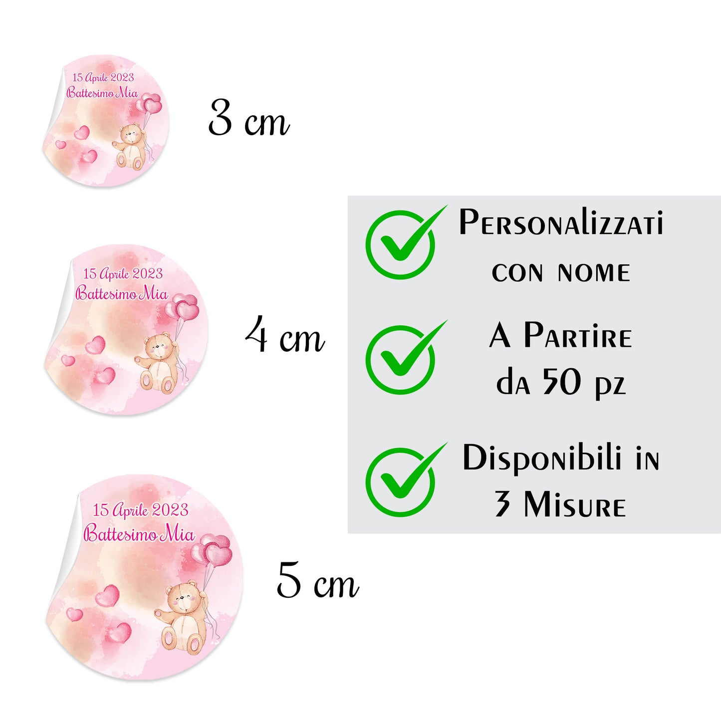 100 Tag Adesivi Personalizzati, Etichette Adesive per Battesimo e Nascita personalizzati Scegli la tua Misura e Personalizza (Orsetto Bimba 09)