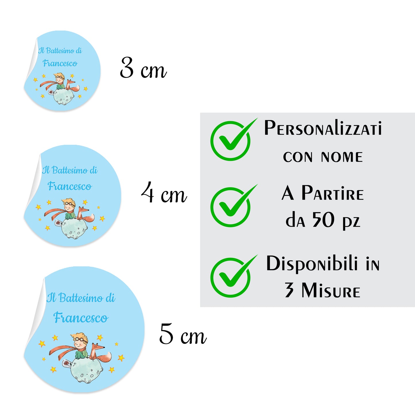 Tag Adesivi Personalizzati, Etichette Adesive per Battesimo e Nascita personalizzati Scegli la tua Misura e Personalizza (Piccolo Principe Volpe 6)