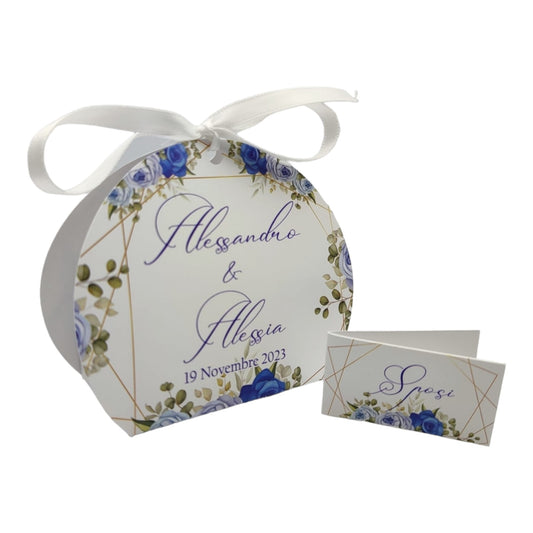 Pz 24+24 | Scatola Portaconfetti personalizzata con nome e data n. 24 scatole confetti + 24 Bigliettini Bomboniera, nastrino per chiusura incluso | Matrimonio 04