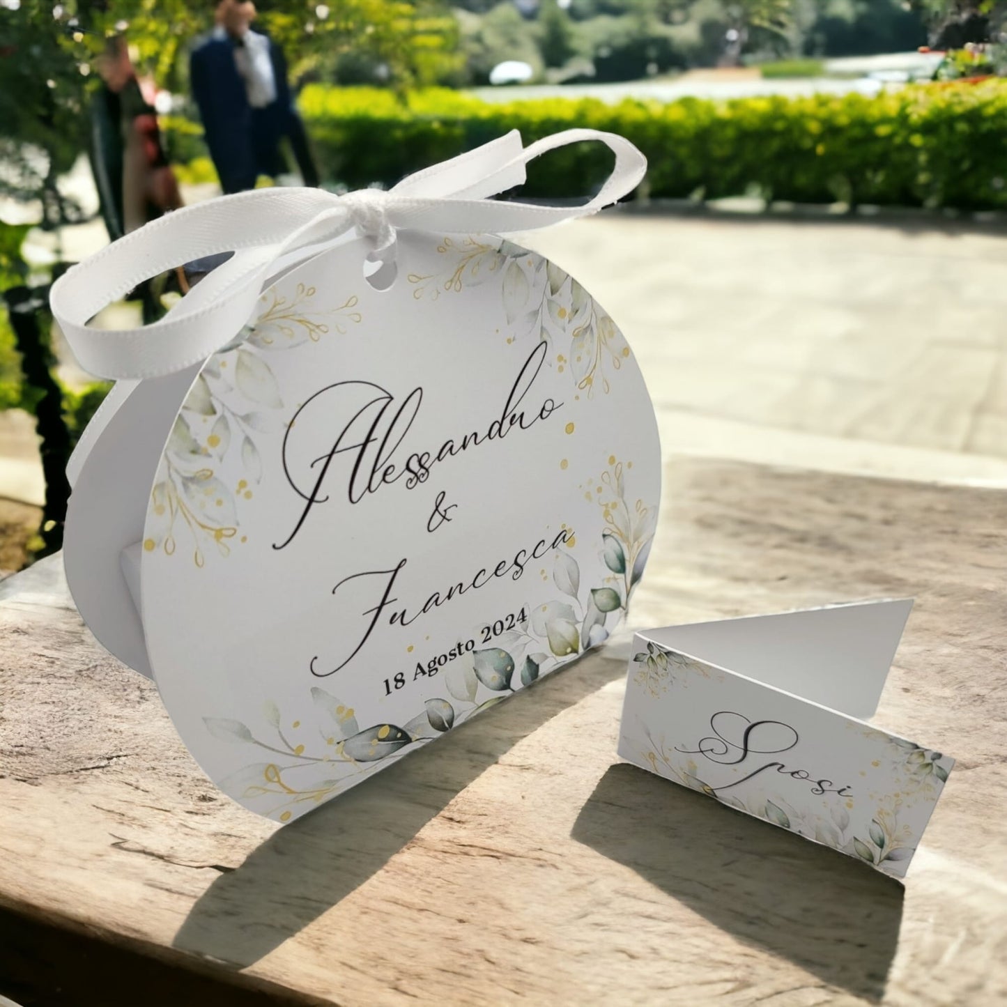 Pz 24+24 | Scatola Portaconfetti personalizzata con nome e data n. 24 scatole confetti + 24 Bigliettini Bomboniera, nastrino per chiusura incluso | Matrimonio 11