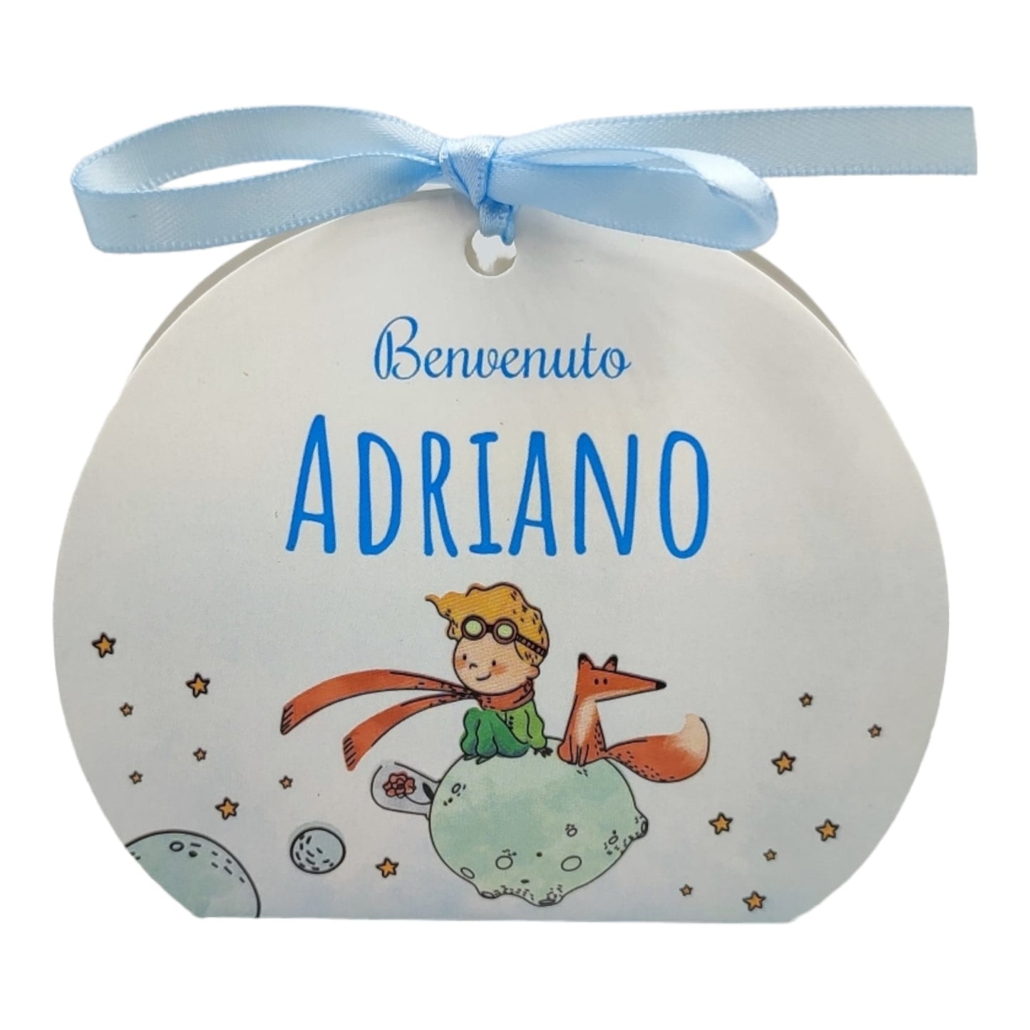 Pz 24+24 | Scatola Portaconfetti personalizzata con nome e data n. 24 scatole confetti + 24 Bigliettini Bomboniera, nastrino per chiusura incluso | Piccolo principe volpe 06