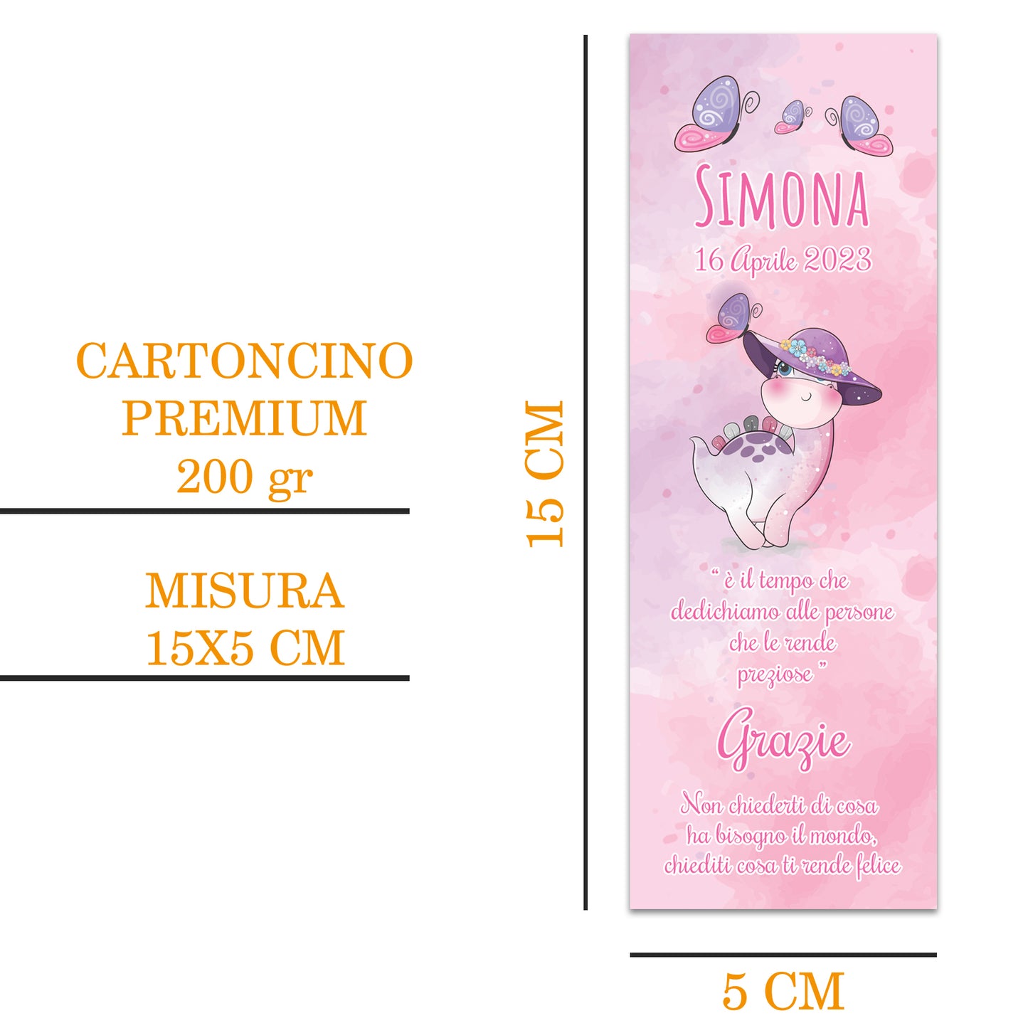 Segnaposto Battesimo Personalizzato in Cartoncino Martellato 15x5 | Dinosauro 13