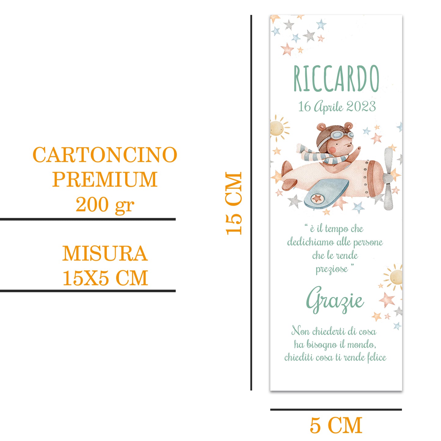 Segnaposto Battesimo Personalizzato in Cartoncino Martellato 15x5 | Aereoplano 63