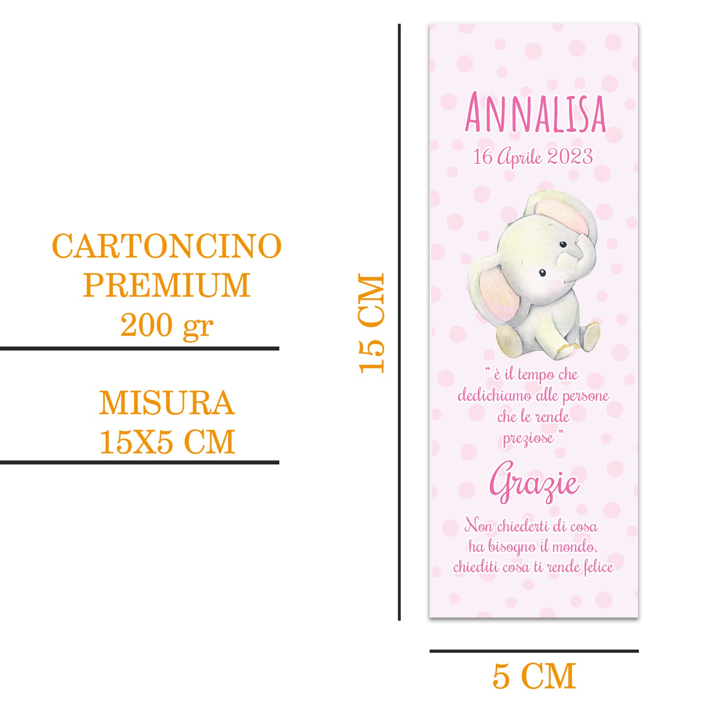 Segnaposto Battesimo Personalizzato in Cartoncino Martellato 15x5 | Elefantino 15